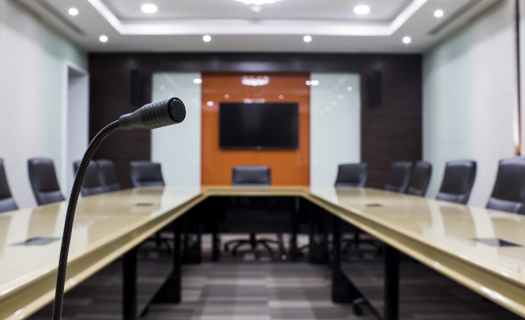 Microphone and modern table boardroom Business  in office